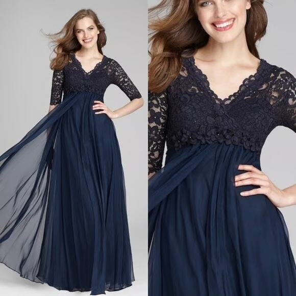 Rickie Freeman Teri Jon Navy Blue Lace Empire Waist Chiffon Formal Gown 10 - Picture 1 of 13